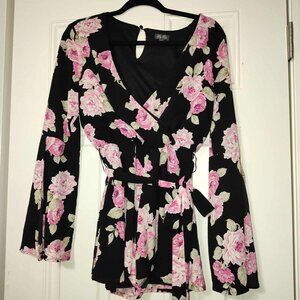 Lily Rose Black and Pink Floral Belted Romper with Long Bell Sleeves and V Neck